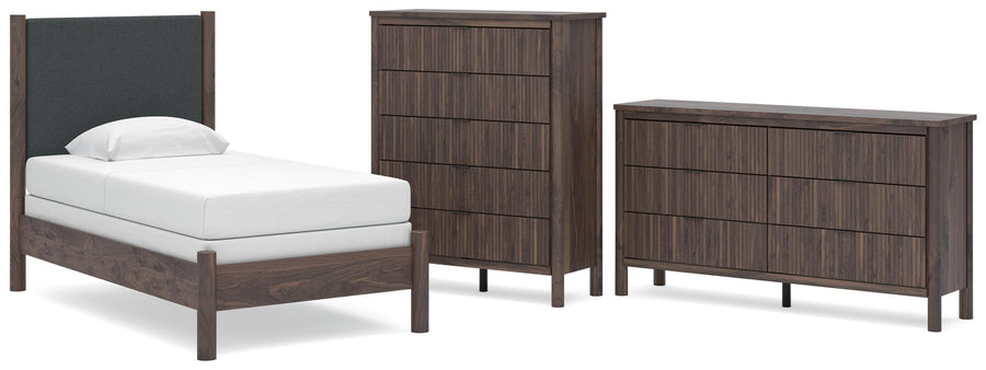 Pamytta Upholstered Panel Bed, Dresser and Chest