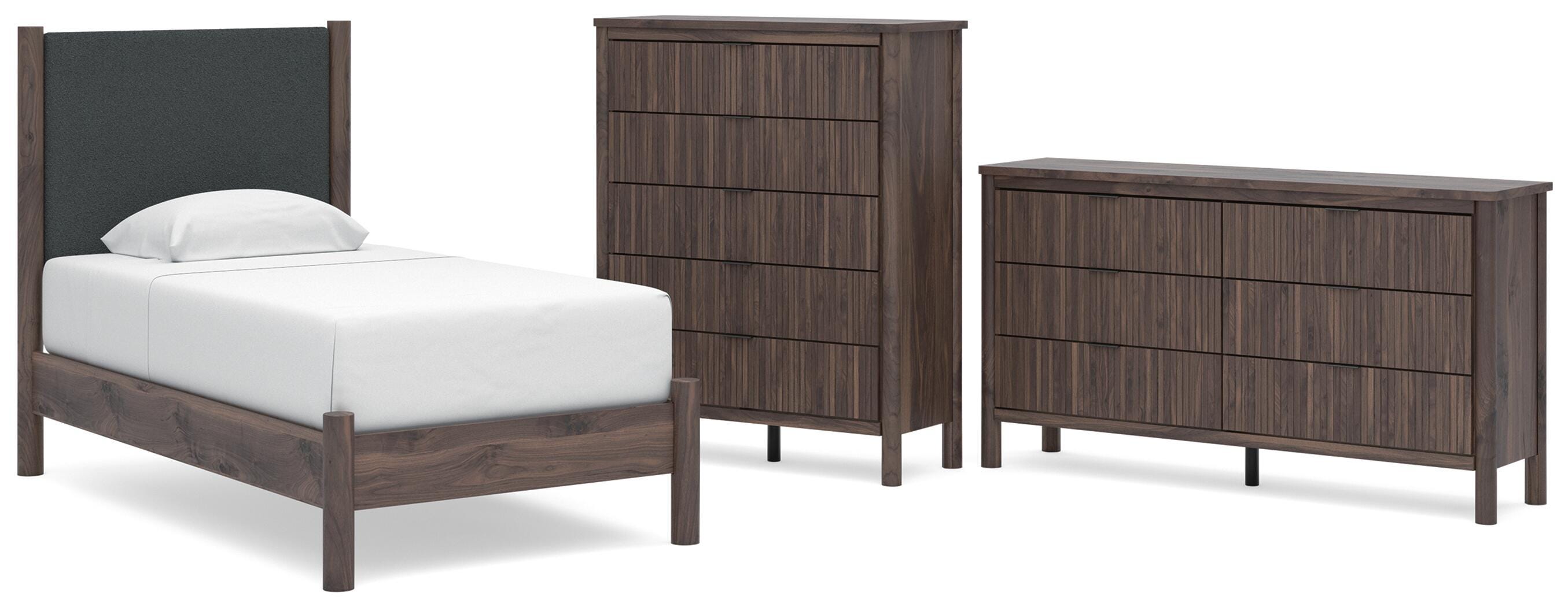 Pamytta Upholstered Panel Platform Bed, Dresser and Chest