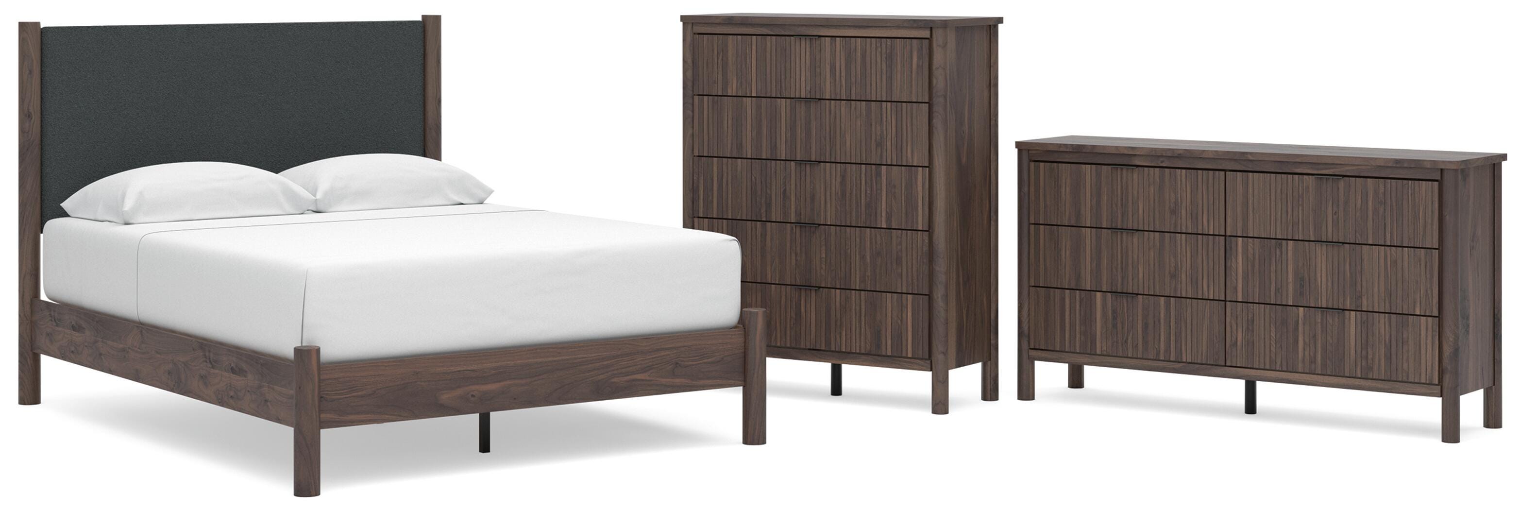 Pamytta Upholstered Panel Platform Bed, Dresser and Chest