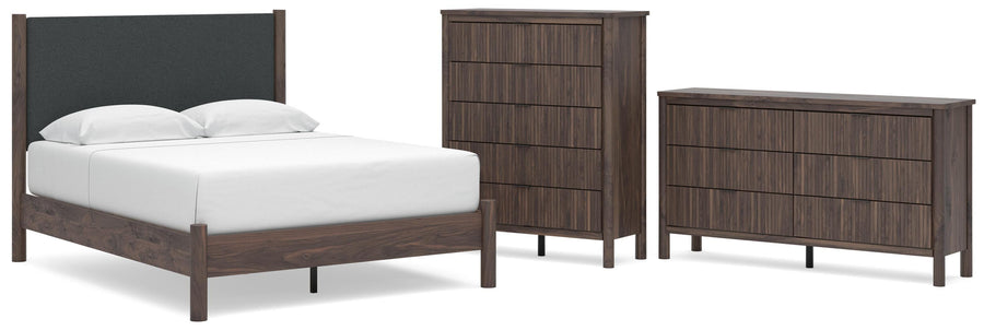 Pamytta Upholstered Panel Platform Bed, Dresser and Chest