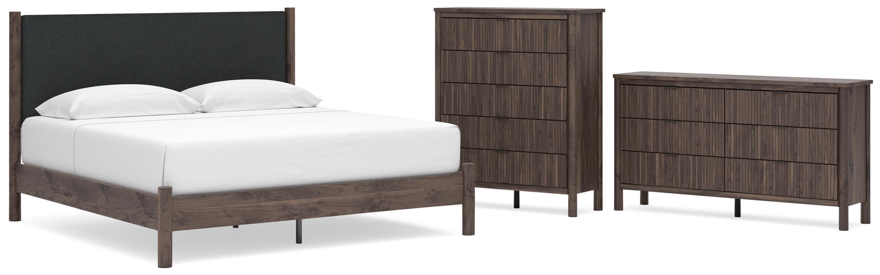 Pamytta Upholstered Panel Platform Bed, Dresser and Chest