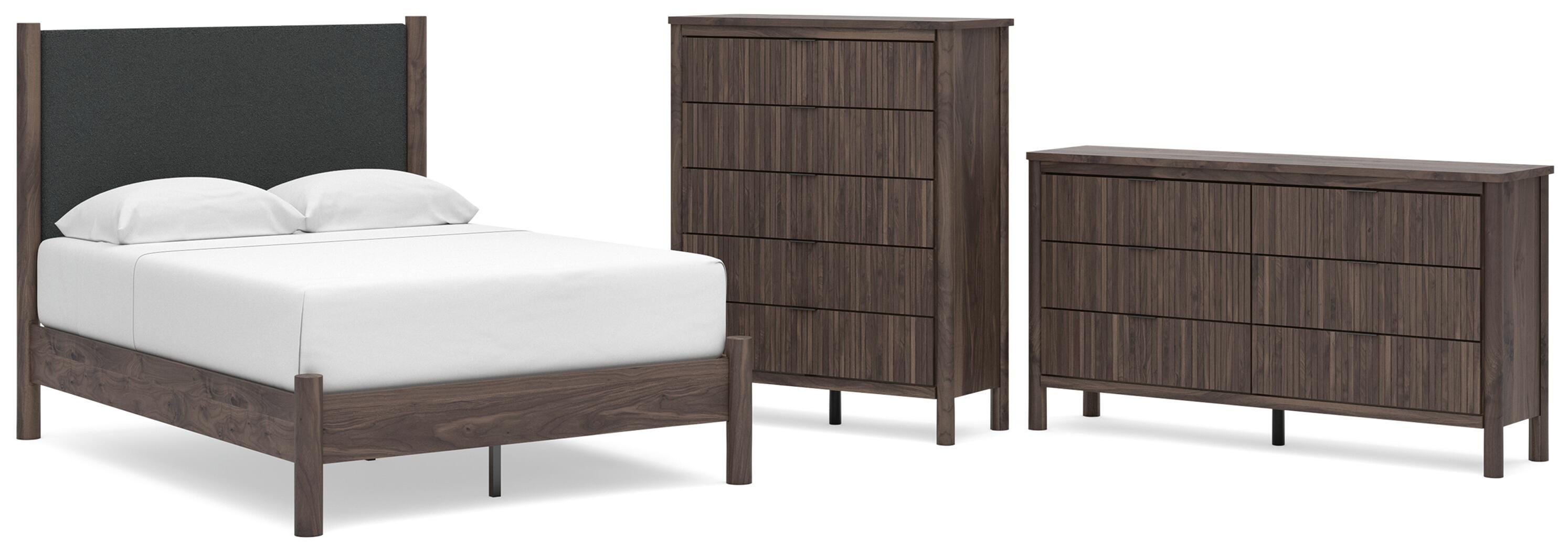 Pamytta Upholstered Panel Platform Bed, Dresser and Chest