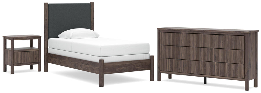 Pamytta Upholstered Panel Bed, Dresser and Nightstand