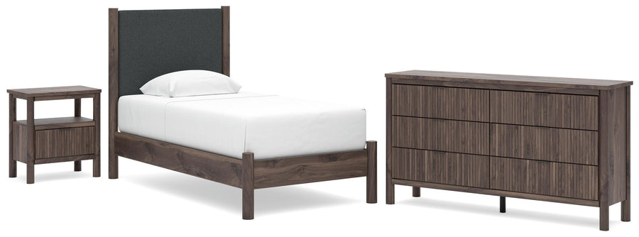 Pamytta Upholstered Panel Platform Bed, Dresser and Nightstand