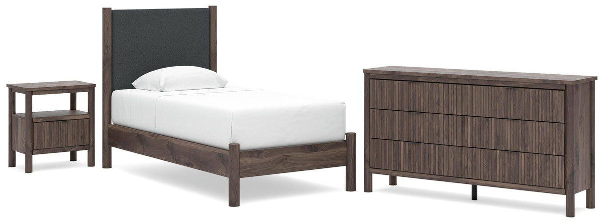 Pamytta Upholstered Panel Platform Bed, Dresser and Nightstand
