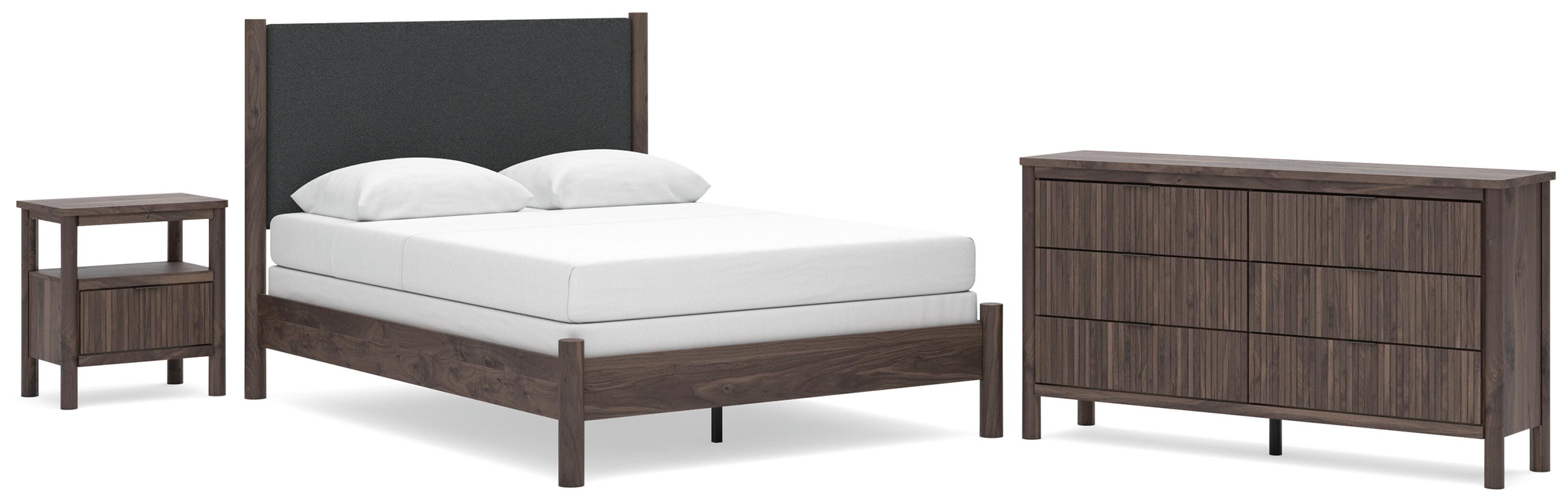 Pamytta Upholstered Panel Bed, Dresser and Nightstand