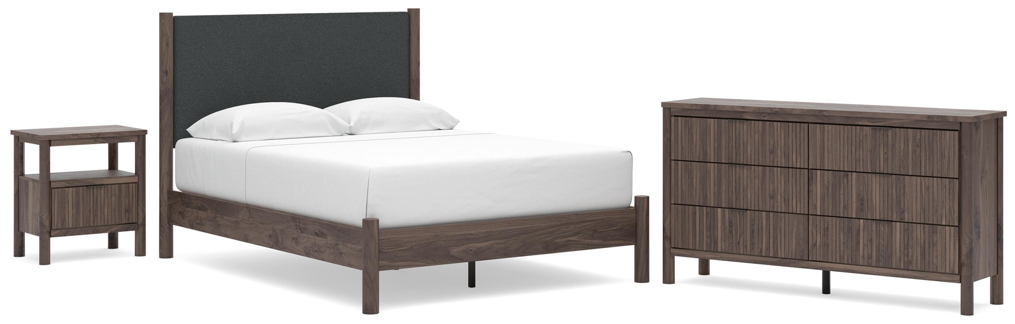 Pamytta Upholstered Panel Platform Bed, Dresser and Nightstand