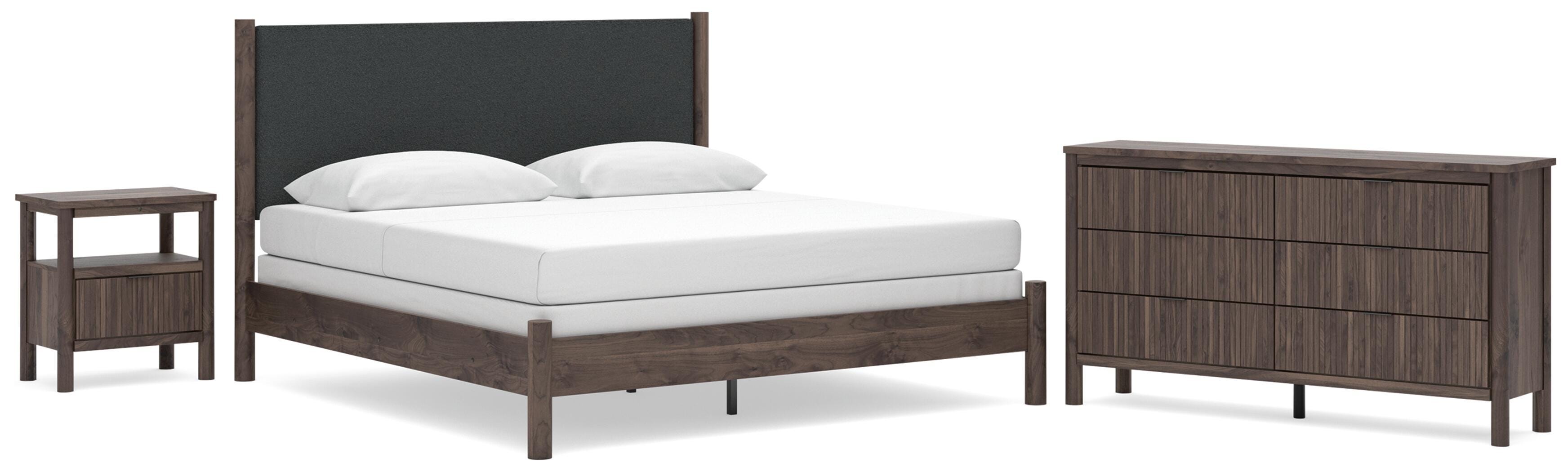Pamytta Upholstered Panel Bed, Dresser and Nightstand