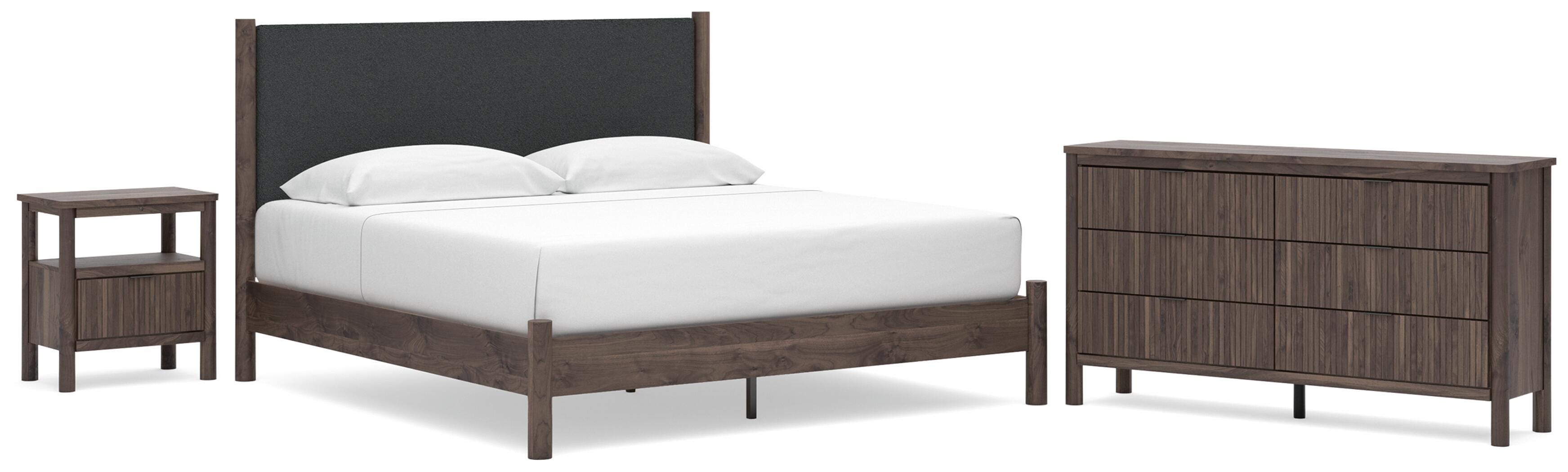 Pamytta Upholstered Panel Platform Bed, Dresser and Nightstand