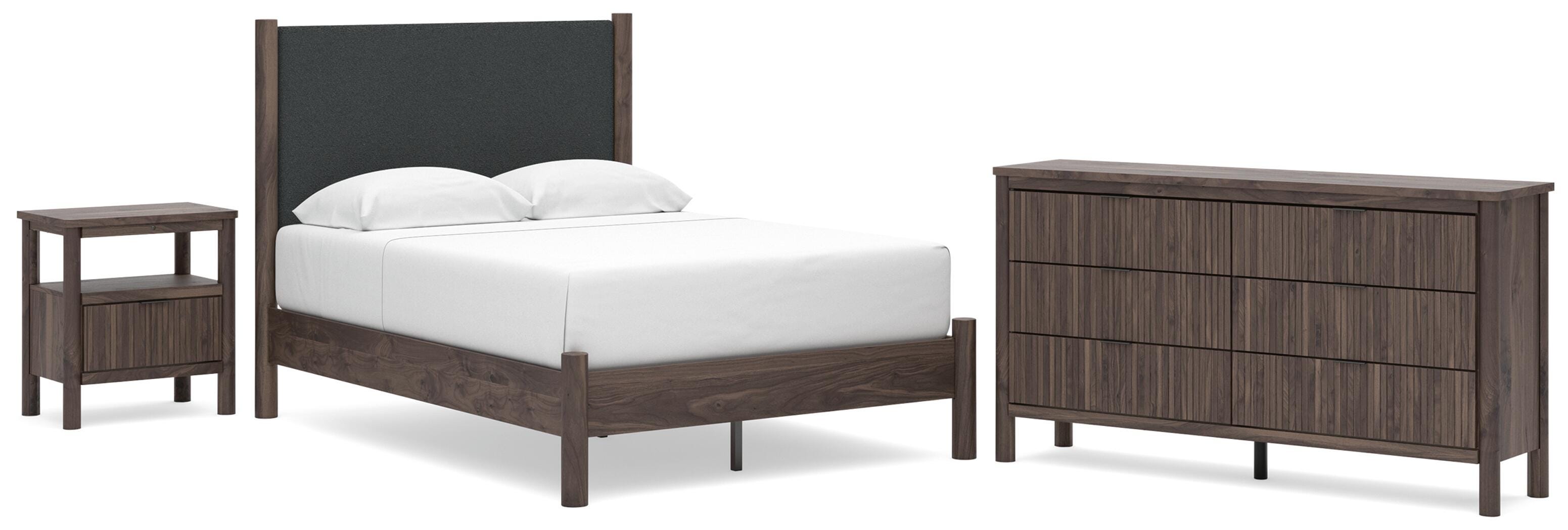 Pamytta Upholstered Panel Platform Bed, Dresser and Nightstand