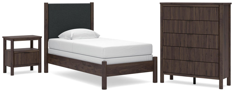 Pamytta Upholstered Panel Bed, Chest and Nightstand