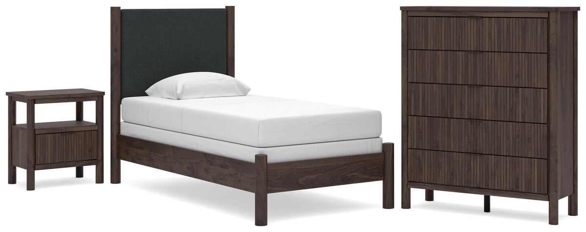 Pamytta Upholstered Panel Bed, Chest and Nightstand