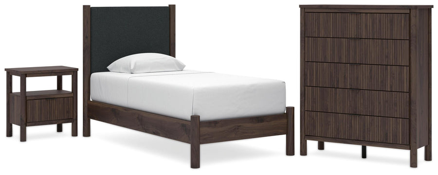 Pamytta Upholstered Panel Platform Bed, Chest and Nightstand