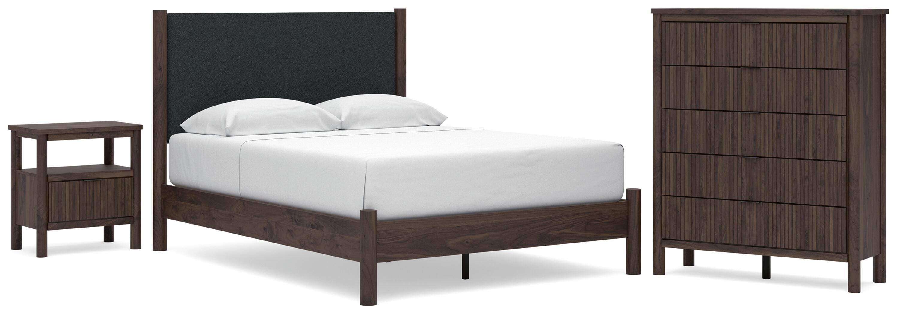 Pamytta Upholstered Panel Platform Bed, Chest and Nightstand