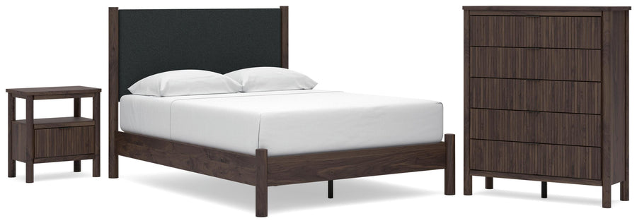 Pamytta Upholstered Panel Platform Bed, Chest and Nightstand