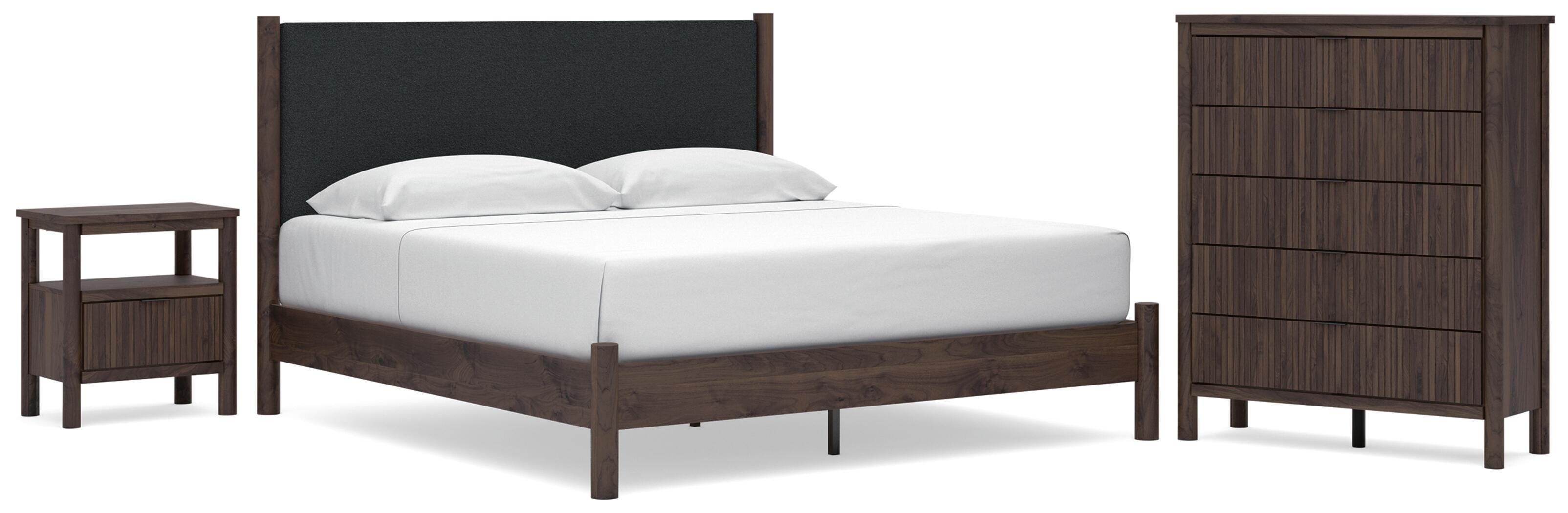 Pamytta Upholstered Panel Platform Bed, Chest and Nightstand