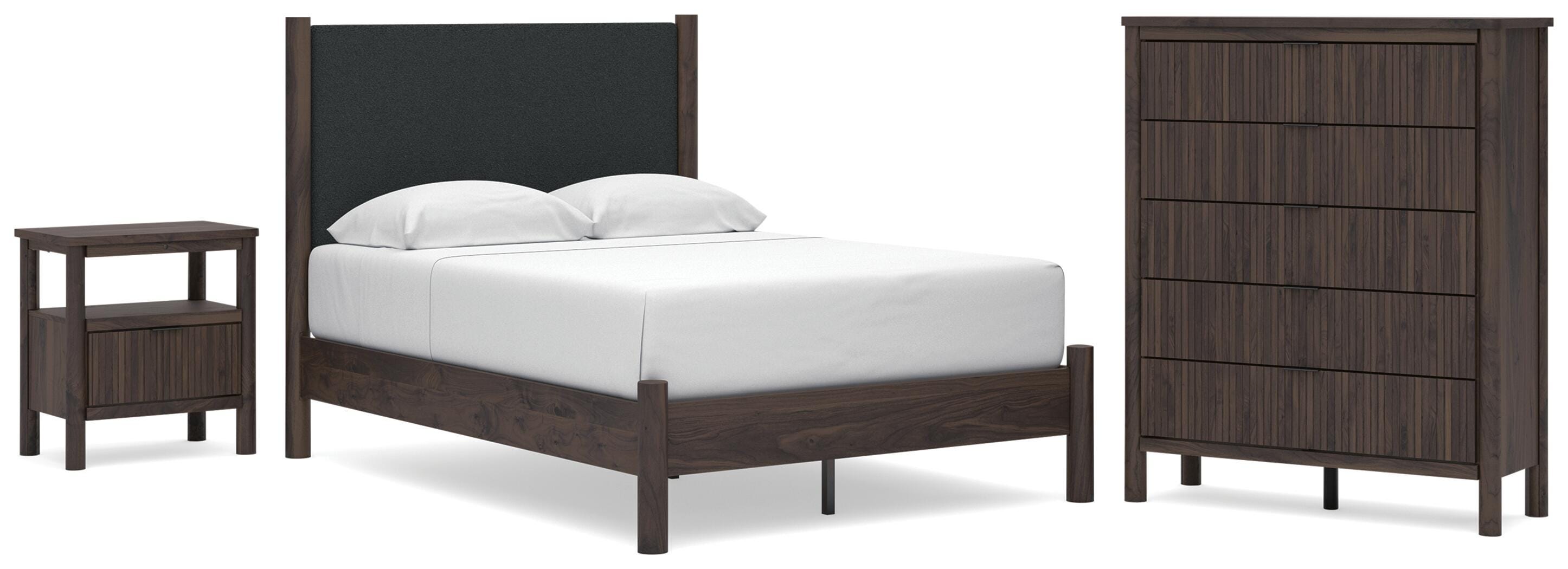 Pamytta Upholstered Panel Platform Bed, Chest and Nightstand