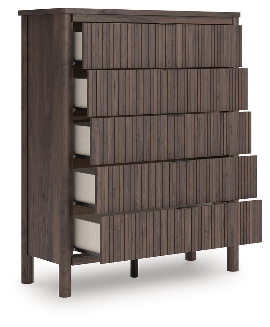 Pamytta Upholstered Panel Bed, Dresser, Mirror and Chest