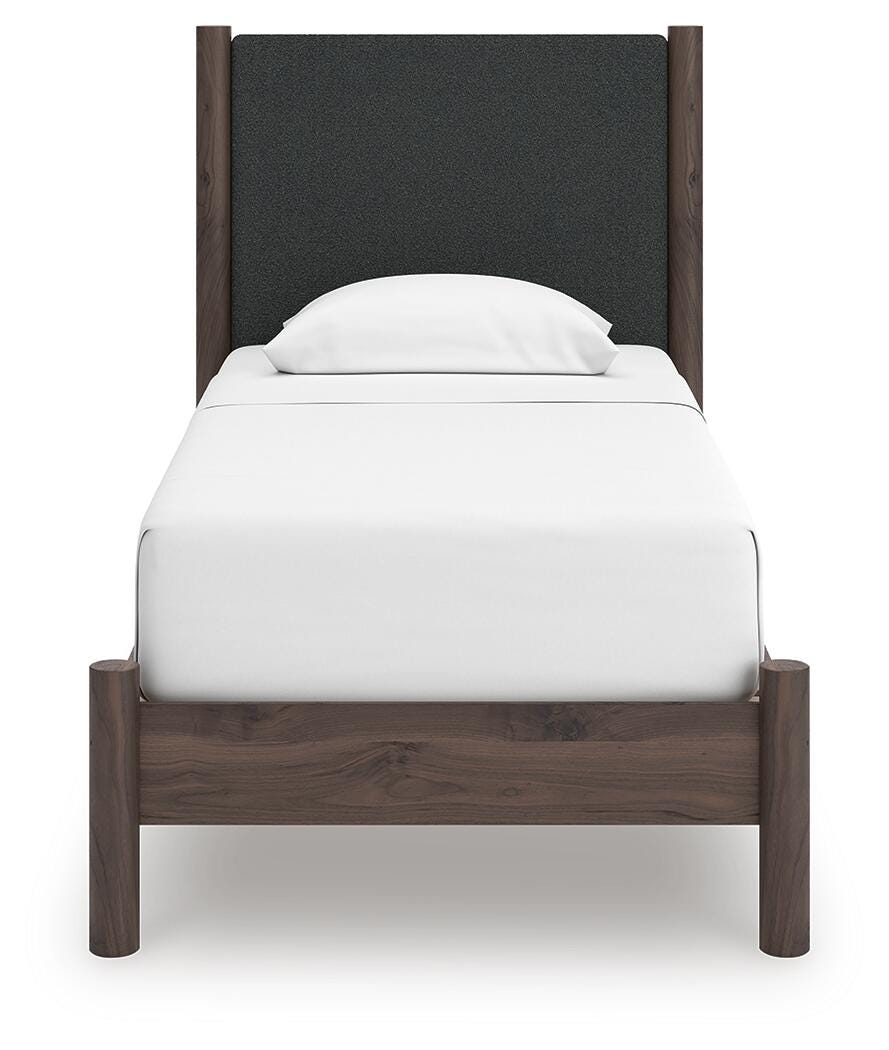 Pamytta Upholstered Panel Platform Bed, Dresser, Mirror and Chest