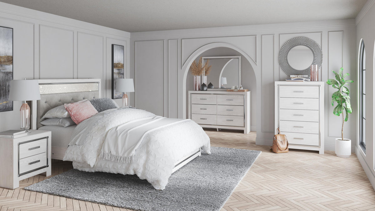 Altyra Panel Headboard with Mirrored Dresser and Chest