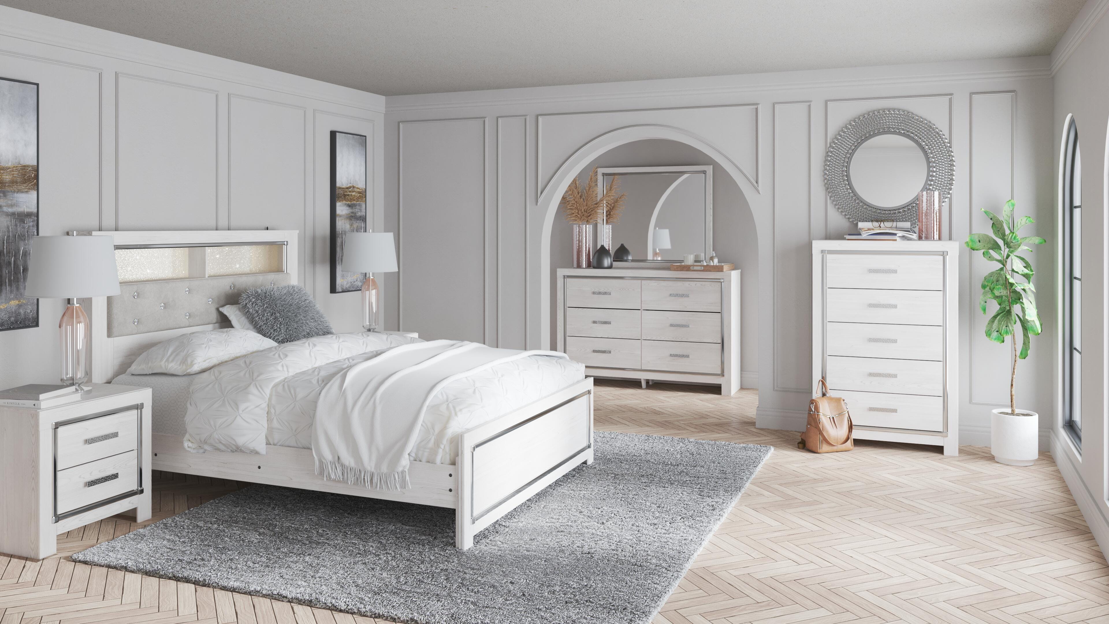 Altyra Bookcase Headboard with Mirrored Dresser, Chest and Nightstand