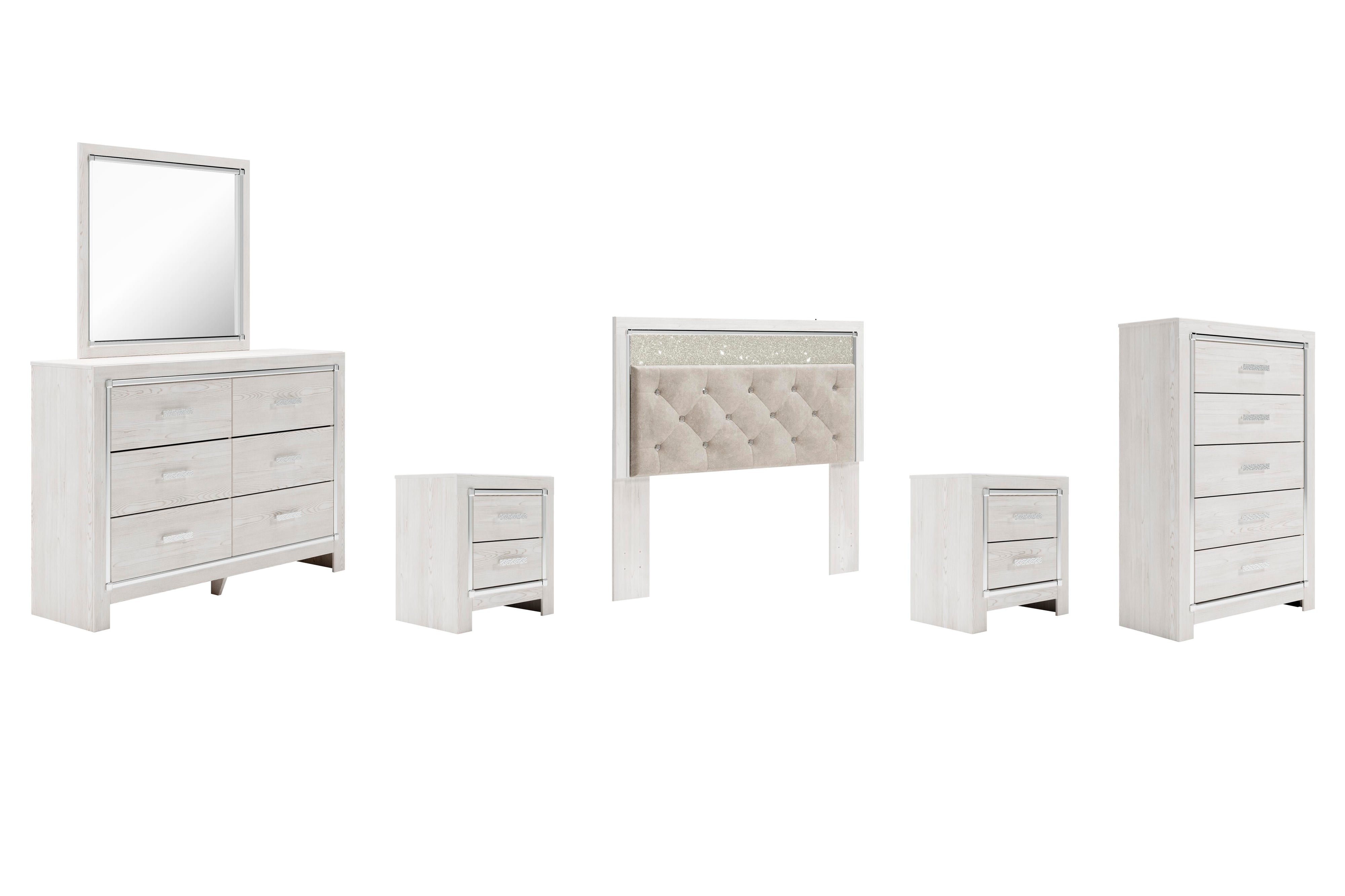 Altyra Panel Headboard with Mirrored Dresser, Chest and 2 Nightstands