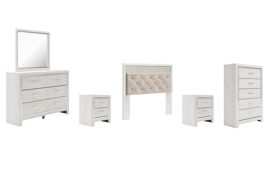 Altyra Panel Headboard with Mirrored Dresser, Chest and 2 Nightstands