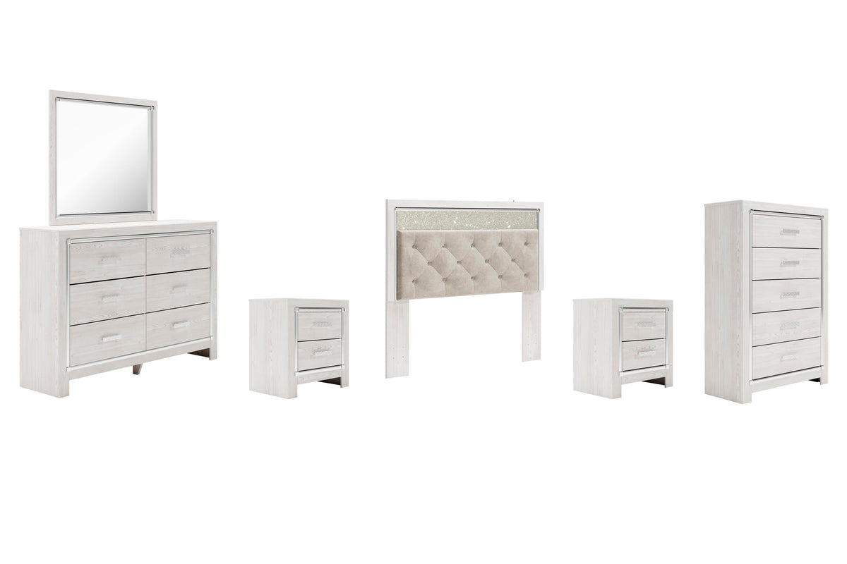 Altyra Panel Headboard with Mirrored Dresser, Chest and 2 Nightstands