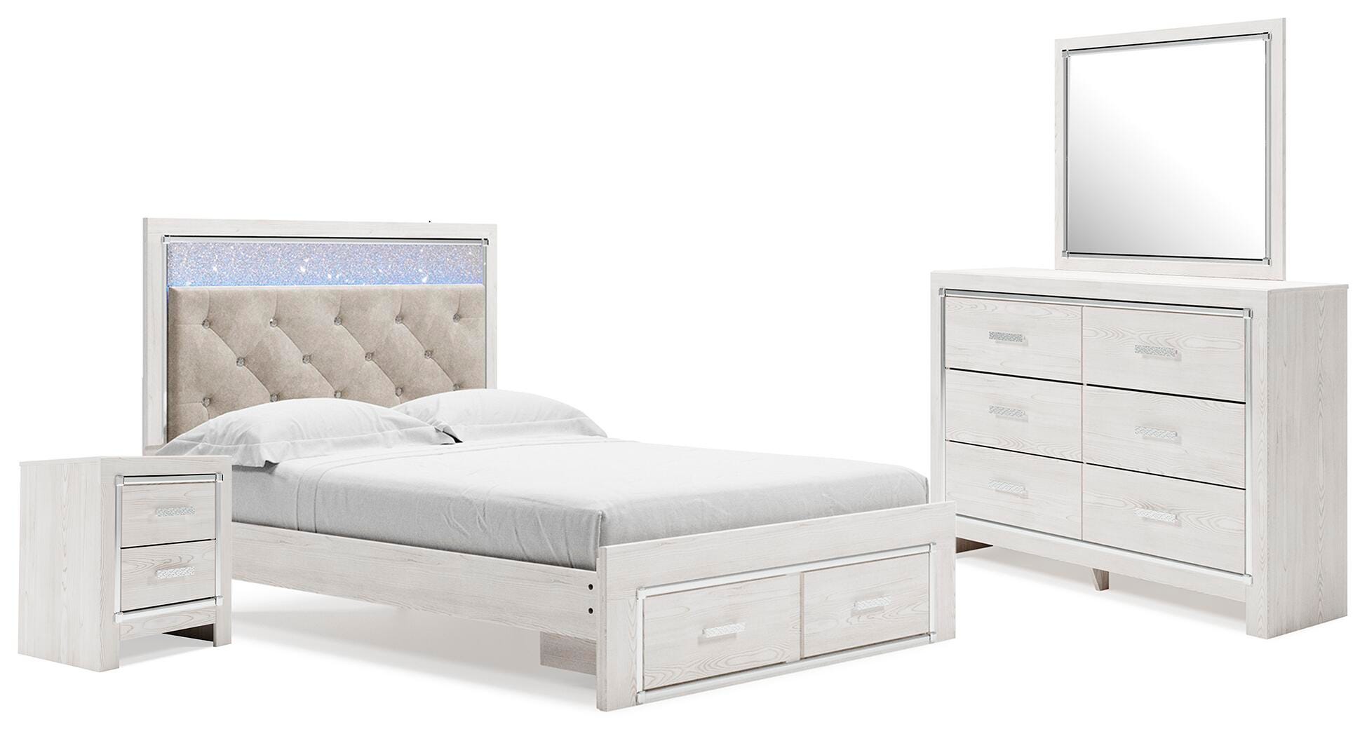 Altyra Upholstered Storage Bed with Mirrored Dresser and Nightstand