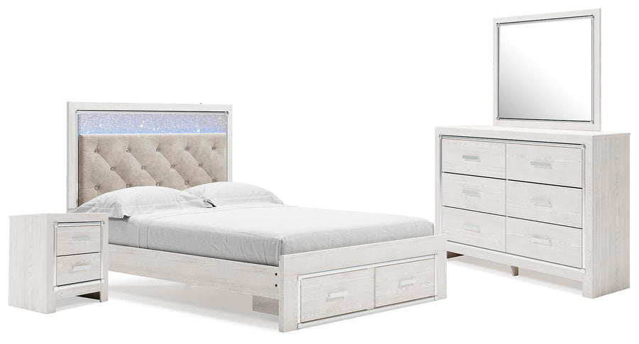 Altyra Upholstered Storage Bed with Mirrored Dresser and Nightstand