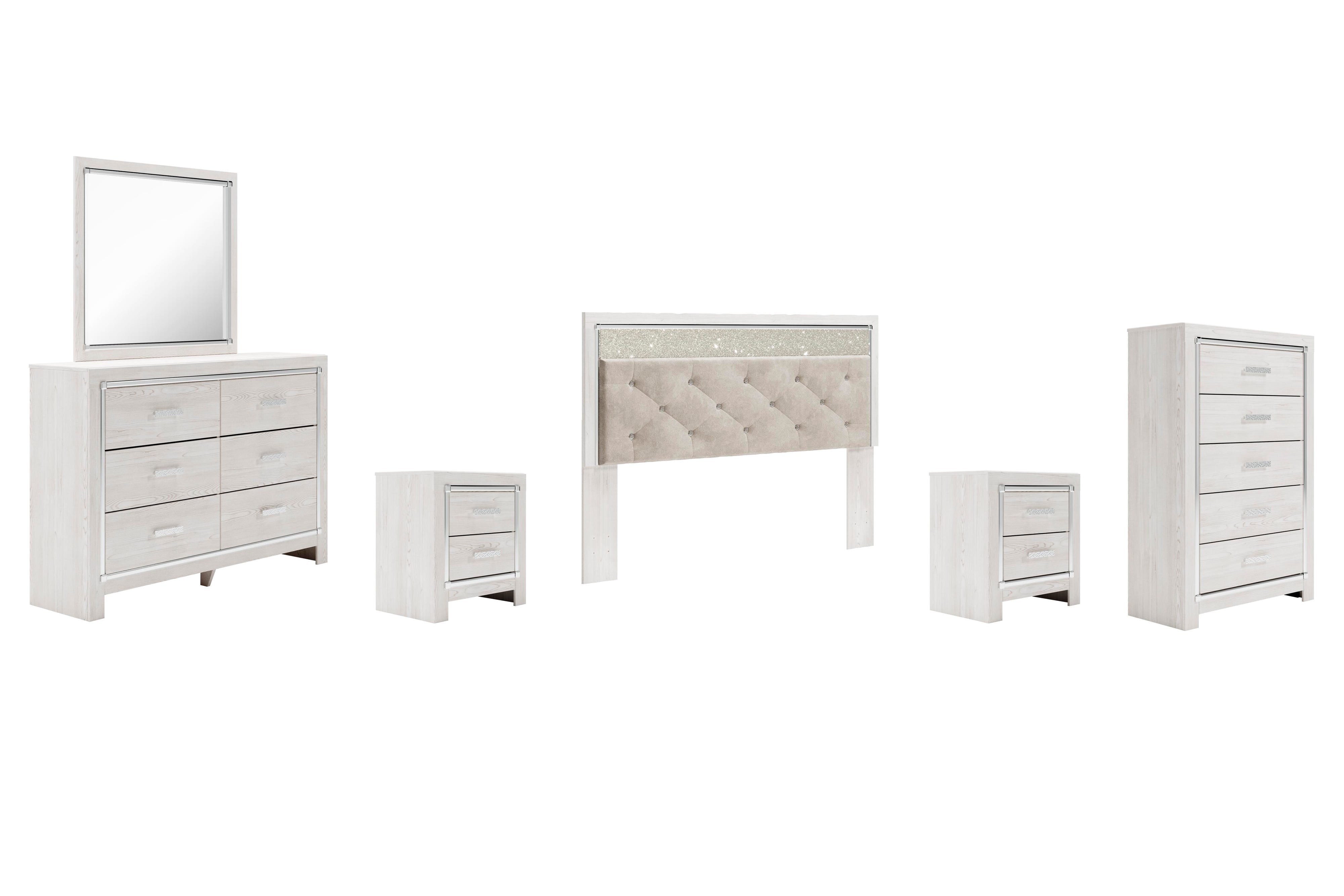 Altyra Panel Headboard with Mirrored Dresser, Chest and 2 Nightstands