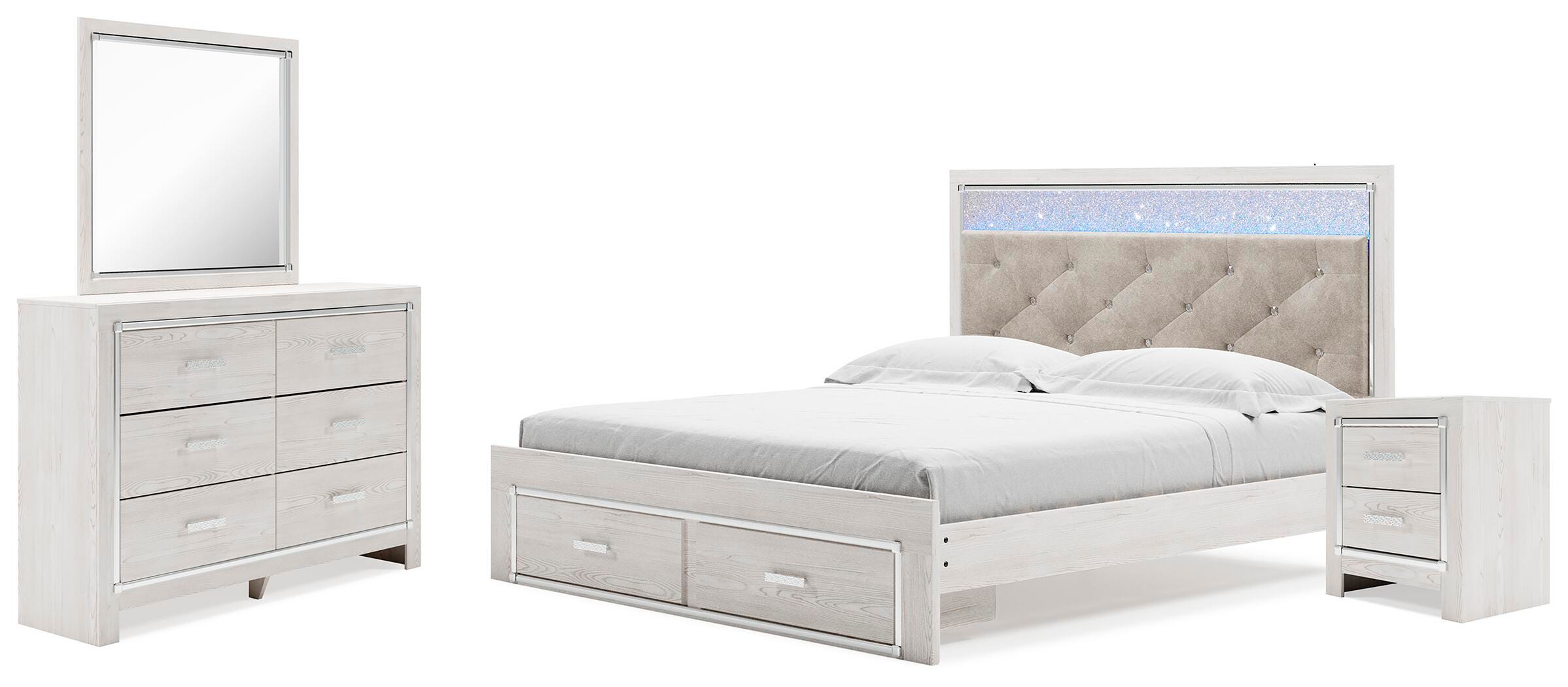 Altyra Upholstered Storage Bed with Mirrored Dresser and Nightstand