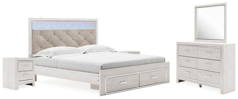 Altyra Upholstered Storage Bed, Dresser, Mirror and 2 Nightstands