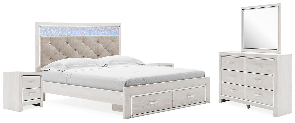 Altyra Upholstered Storage Bed, Dresser, Mirror and 2 Nightstands