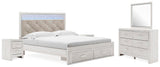 Altyra Upholstered Storage Bed, Dresser, Mirror and 2 Nightstands