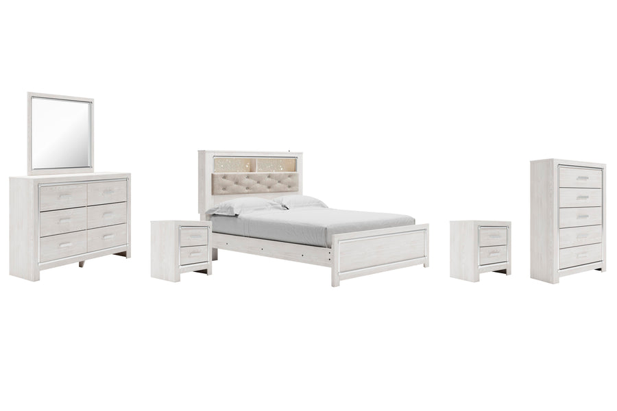 Altyra Panel Bookcase Bed with Mirrored Dresser, Chest and 2 Nightstands