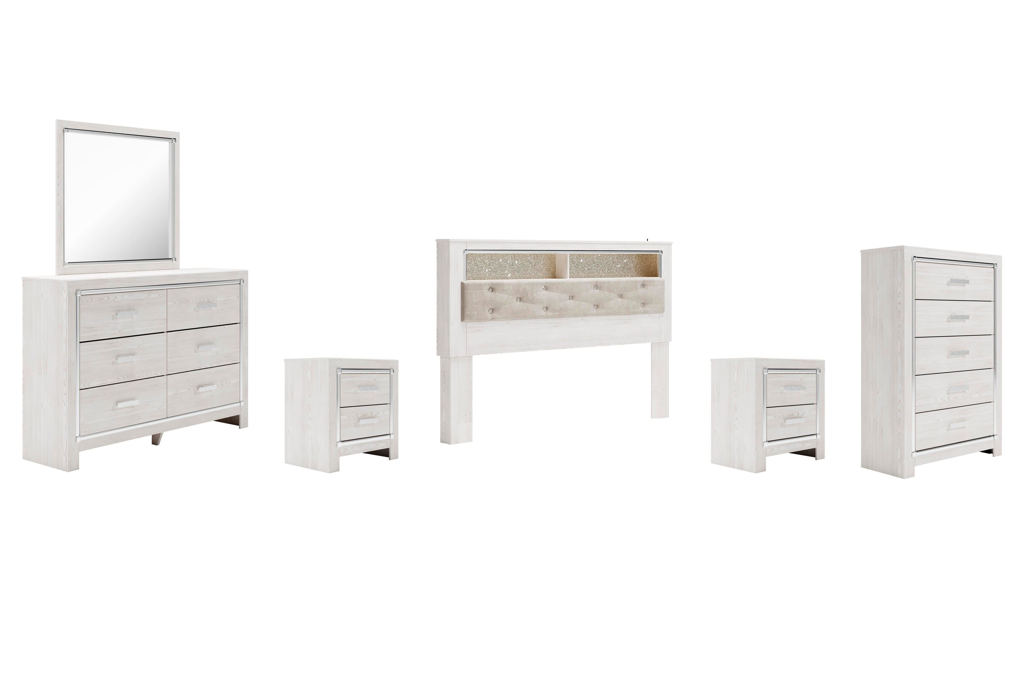Altyra Bookcase Headboard with Mirrored Dresser, Chest and 2 Nightstands