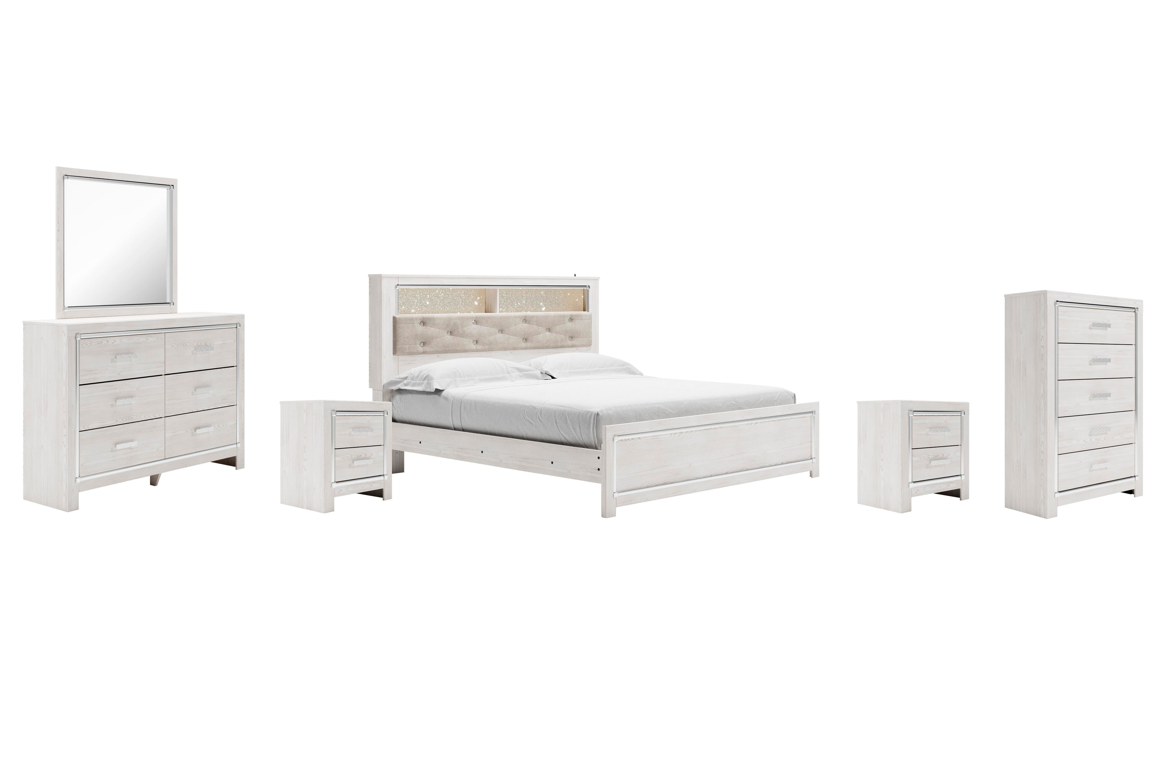 Altyra Panel Bookcase Bed with Mirrored Dresser, Chest and 2 Nightstands
