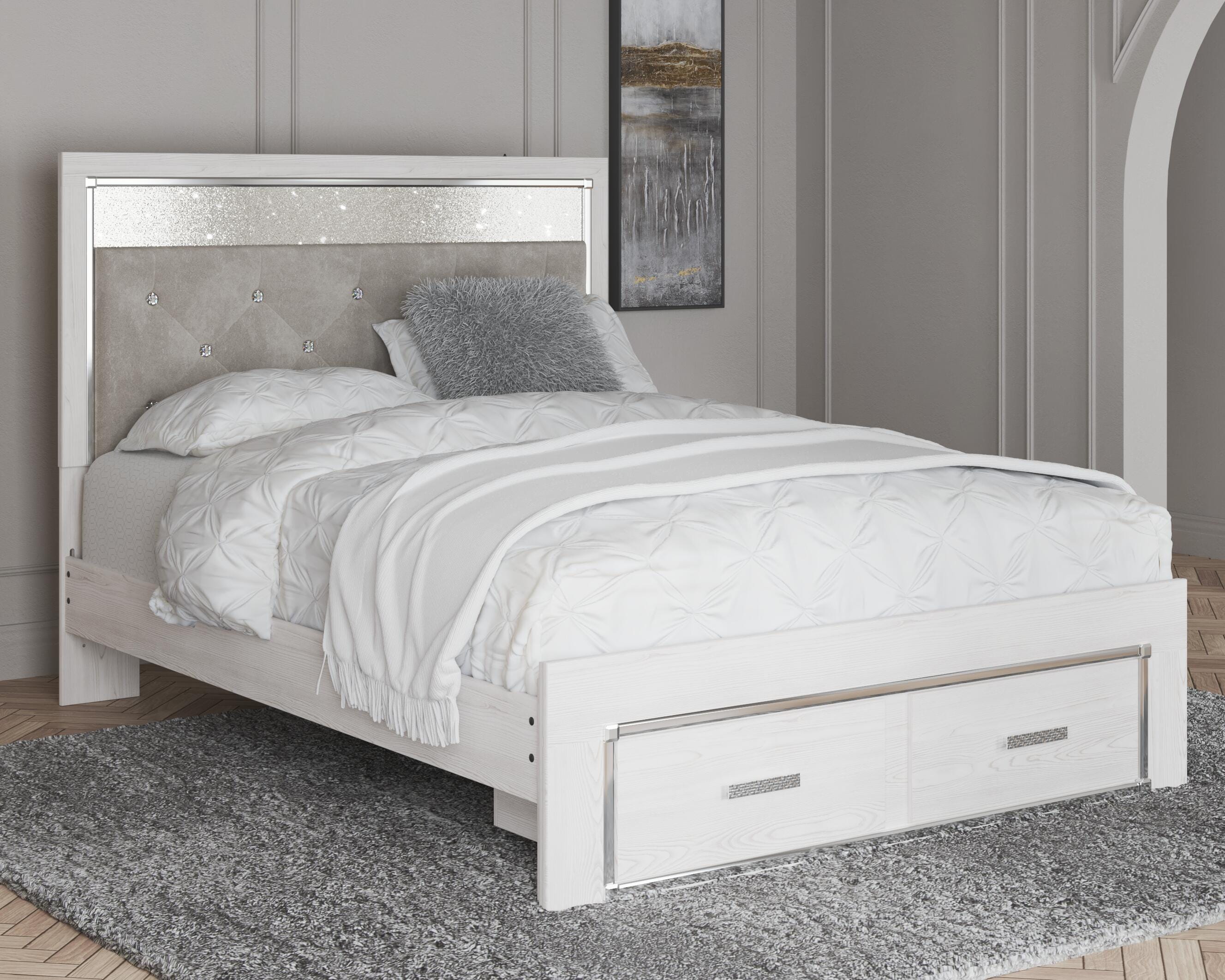 Altyra Upholstered Storage Bed with Mirrored Dresser and Nightstand