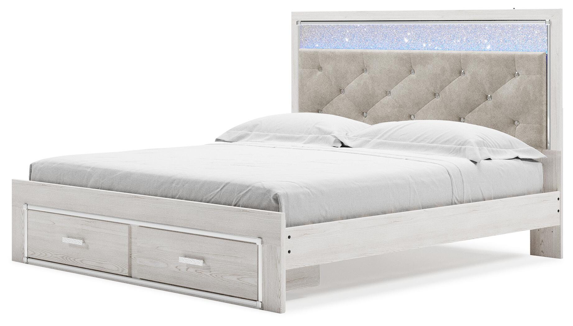 Altyra Upholstered Storage Bed with Mirrored Dresser and Nightstand