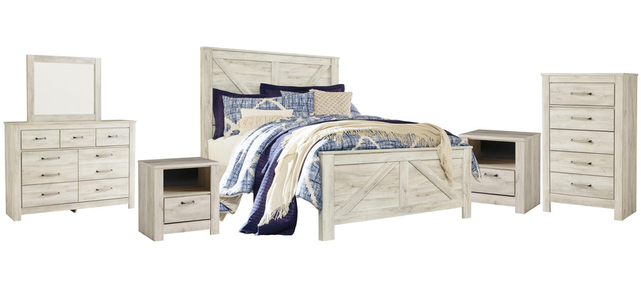 Bellaby Crossbuck Panel Bed with Mirrored Dresser, Chest and 2 Nightstands
