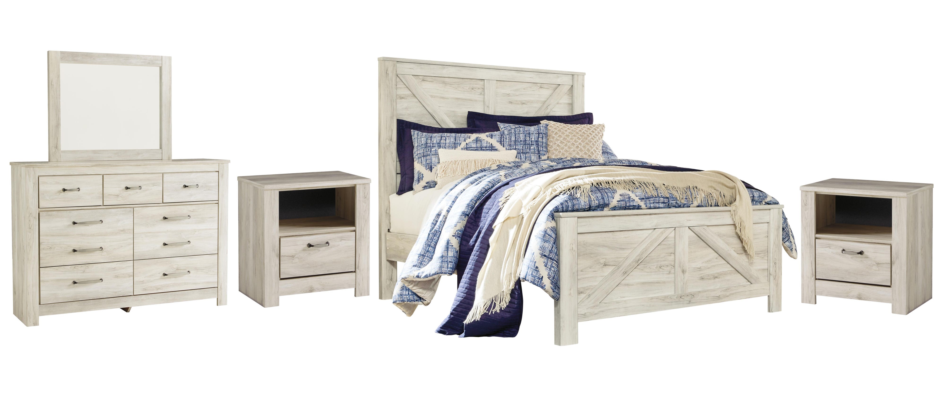 Bellaby Crossbuck Panel Bed with Mirrored Dresser and 2 Nightstands