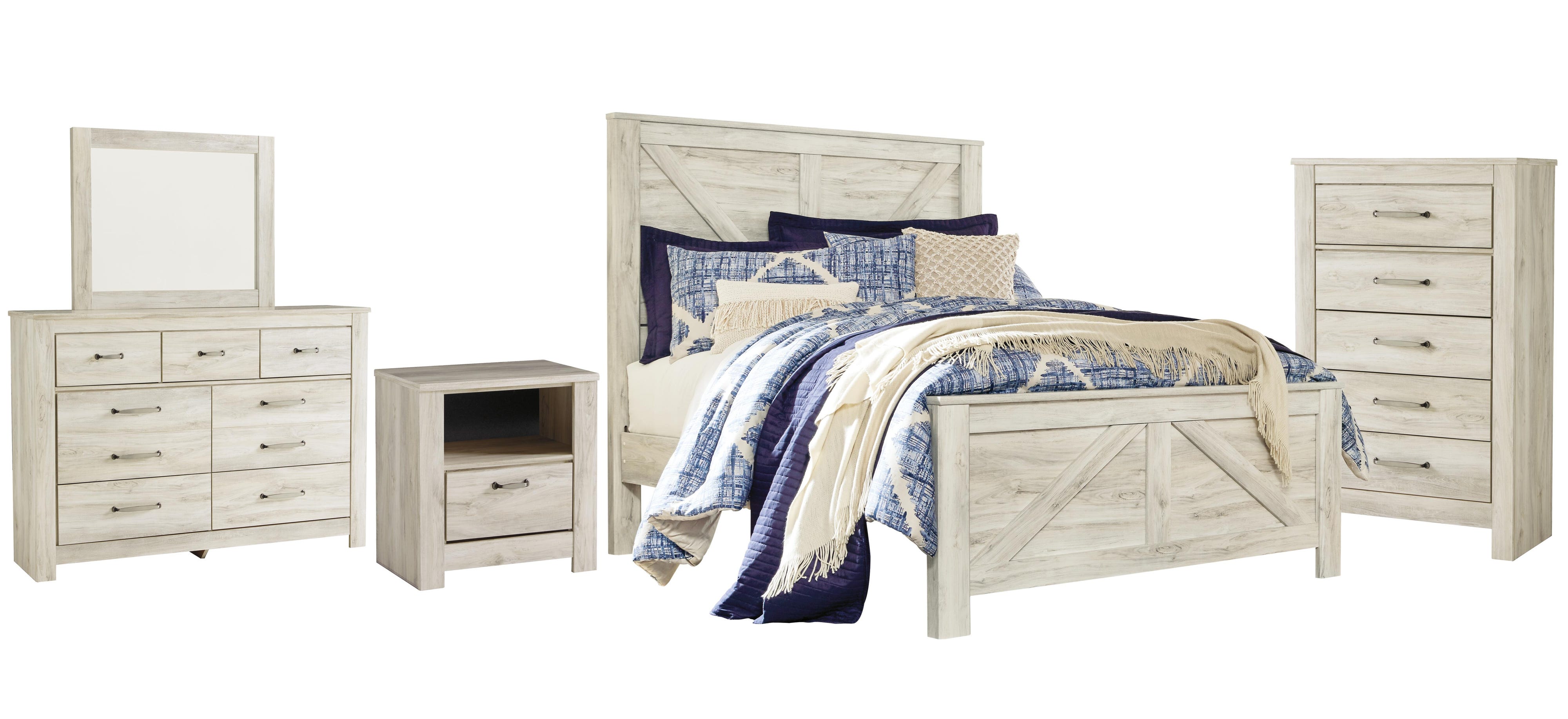 Bellaby Crossbuck Panel Bed with Mirrored Dresser, Chest and Nightstand