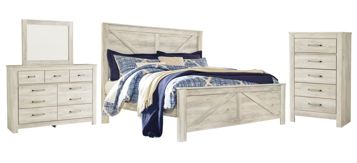 Bellaby Crossbuck Panel Bed with Mirrored Dresser and Chest