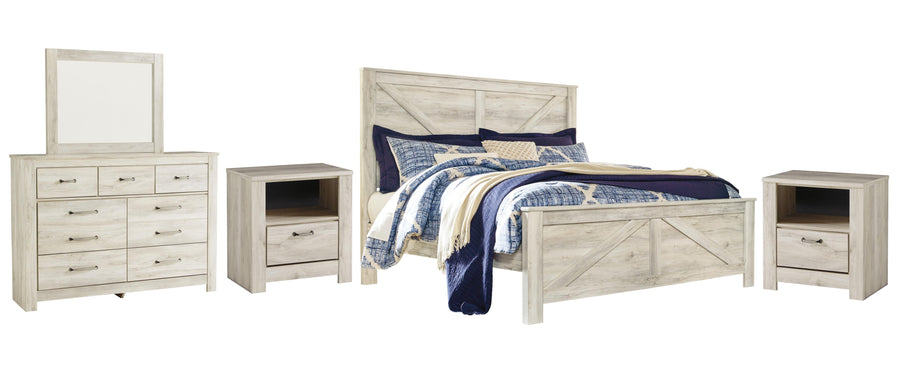 Bellaby Crossbuck Panel Bed with Mirrored Dresser and 2 Nightstands
