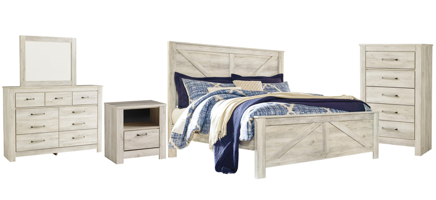 Bellaby Crossbuck Panel Bed with Mirrored Dresser, Chest and Nightstand