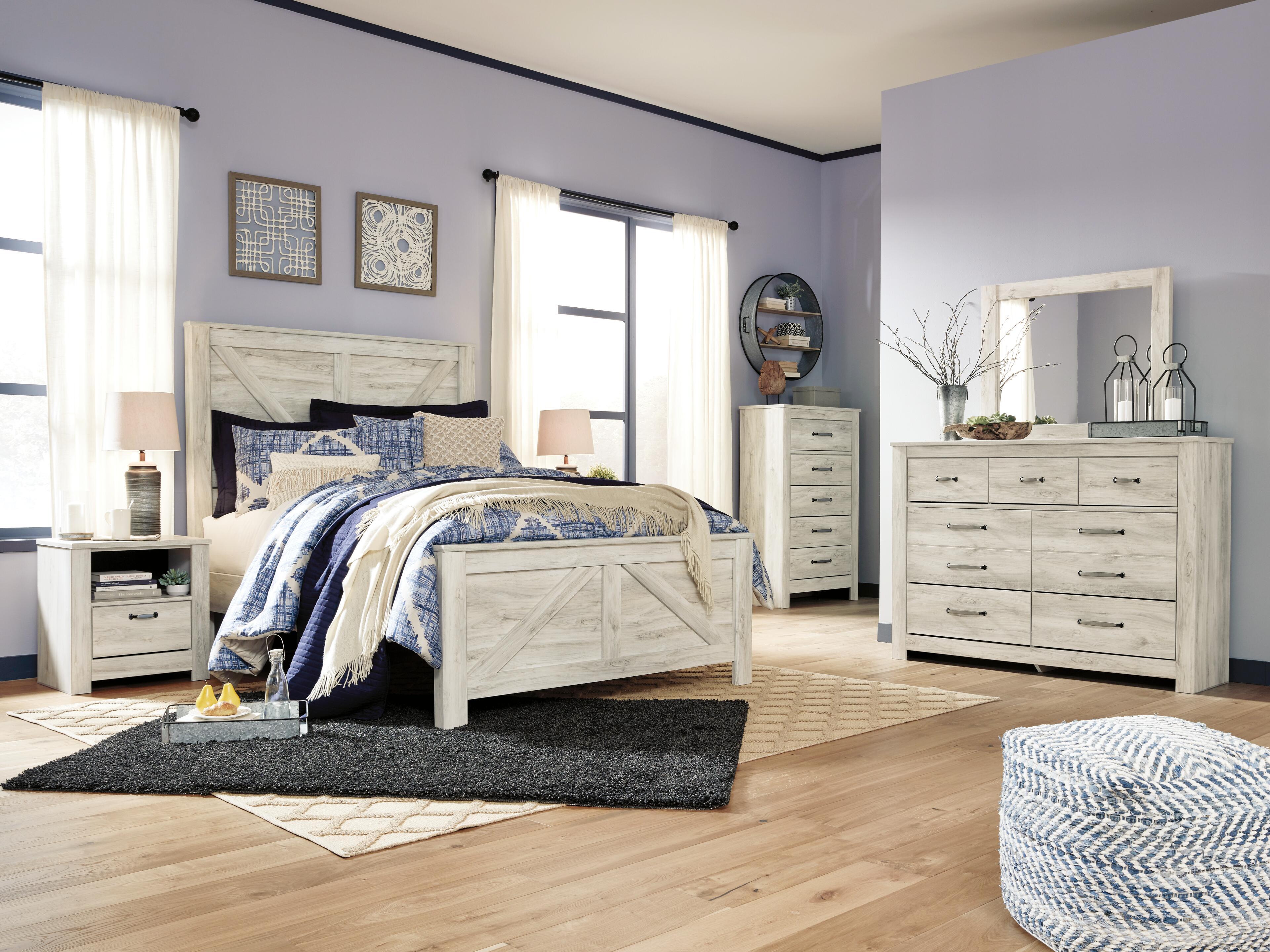 Bellaby Crossbuck Panel Bed with Mirrored Dresser, Chest and Nightstand