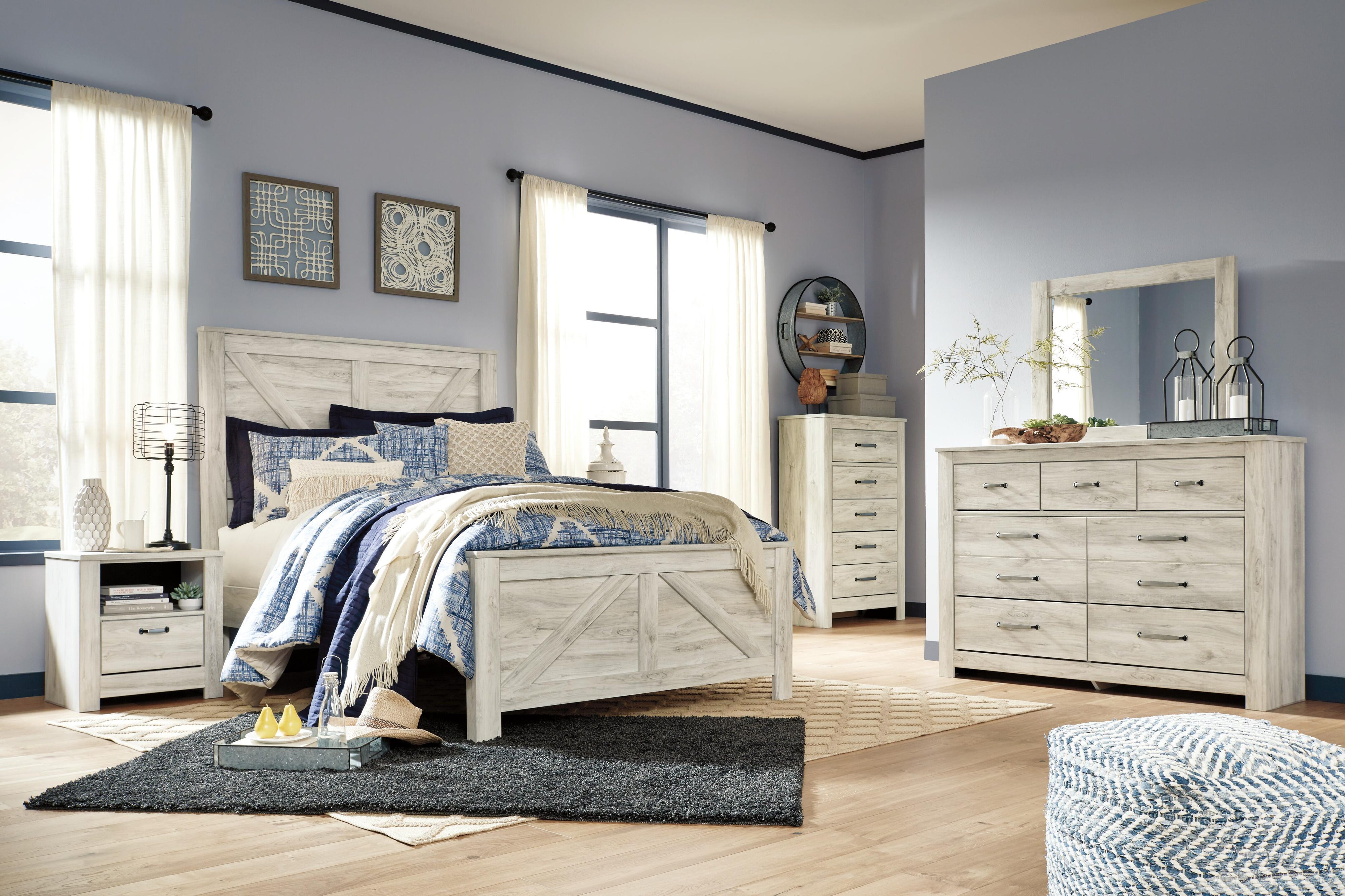 Bellaby Crossbuck Panel Bed with Mirrored Dresser, Chest and 2 Nightstands