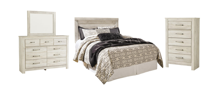 Bellaby Panel Headboard with Mirrored Dresser and Chest