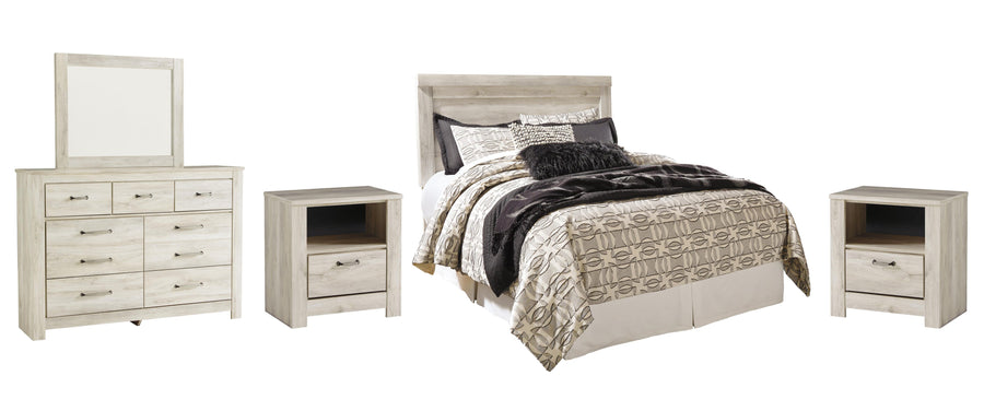 Bellaby Panel Headboard with Mirrored Dresser and 2 Nightstands